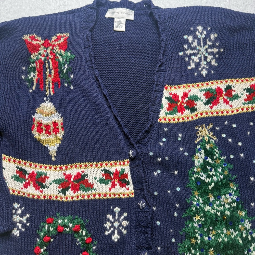Vintage Casual Corner Blue  Holiday Christmas‎ Cardigan Sweater Large Knit - Picture 2 of 16